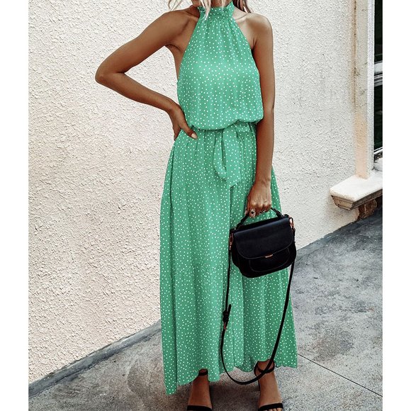 Green Polka Dot Halter Flounce Maxi Dress - Picture 5 of 8